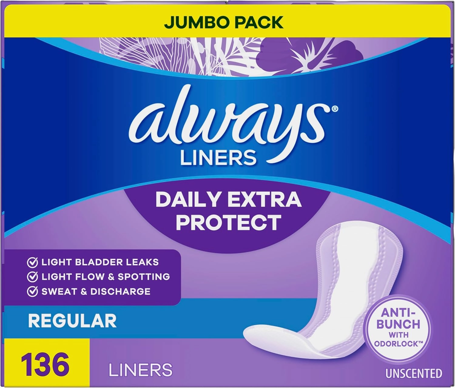 Always Anti-Bunch Xtra Protection Daily Liners, Regular Length, Unscented, 34 Count x 4 (136 Count Total) (Packaging May Vary)