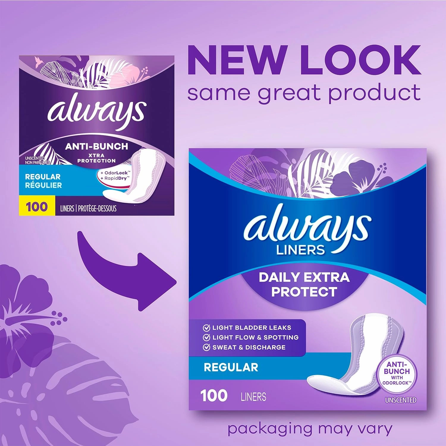 Always Anti-Bunch Xtra Protection Daily Liners, Regular Length, Unscented, 34 Count x 4 (136 Count Total) (Packaging May Vary)