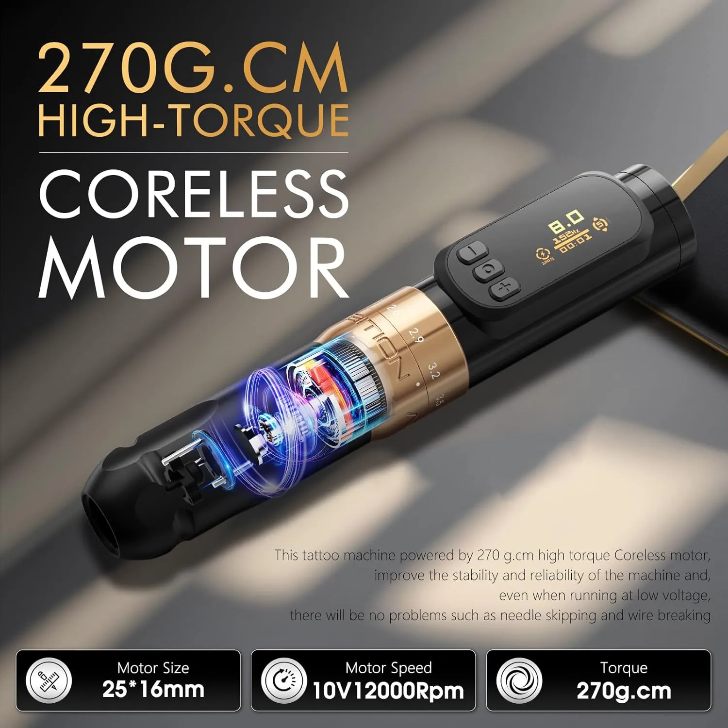 Ambition Sally 270 Rotary Tattoo Gun, Wireless Tattoo Machine with Adjustable Stroke Dual 1300 mAh Battery 270 g.cm Torque Coreless Motor, Permanent Makeup Pen for Eyebrow Eyeliner Lips SMP Artists