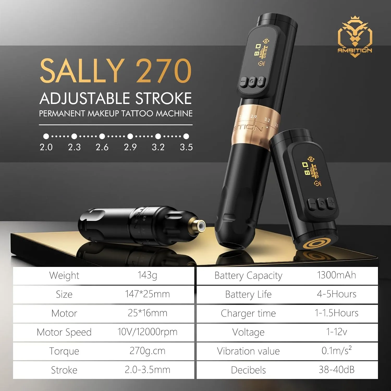 Ambition Sally 270 Rotary Tattoo Gun, Wireless Tattoo Machine with Adjustable Stroke Dual 1300 mAh Battery 270 g.cm Torque Coreless Motor, Permanent Makeup Pen for Eyebrow Eyeliner Lips SMP Artists