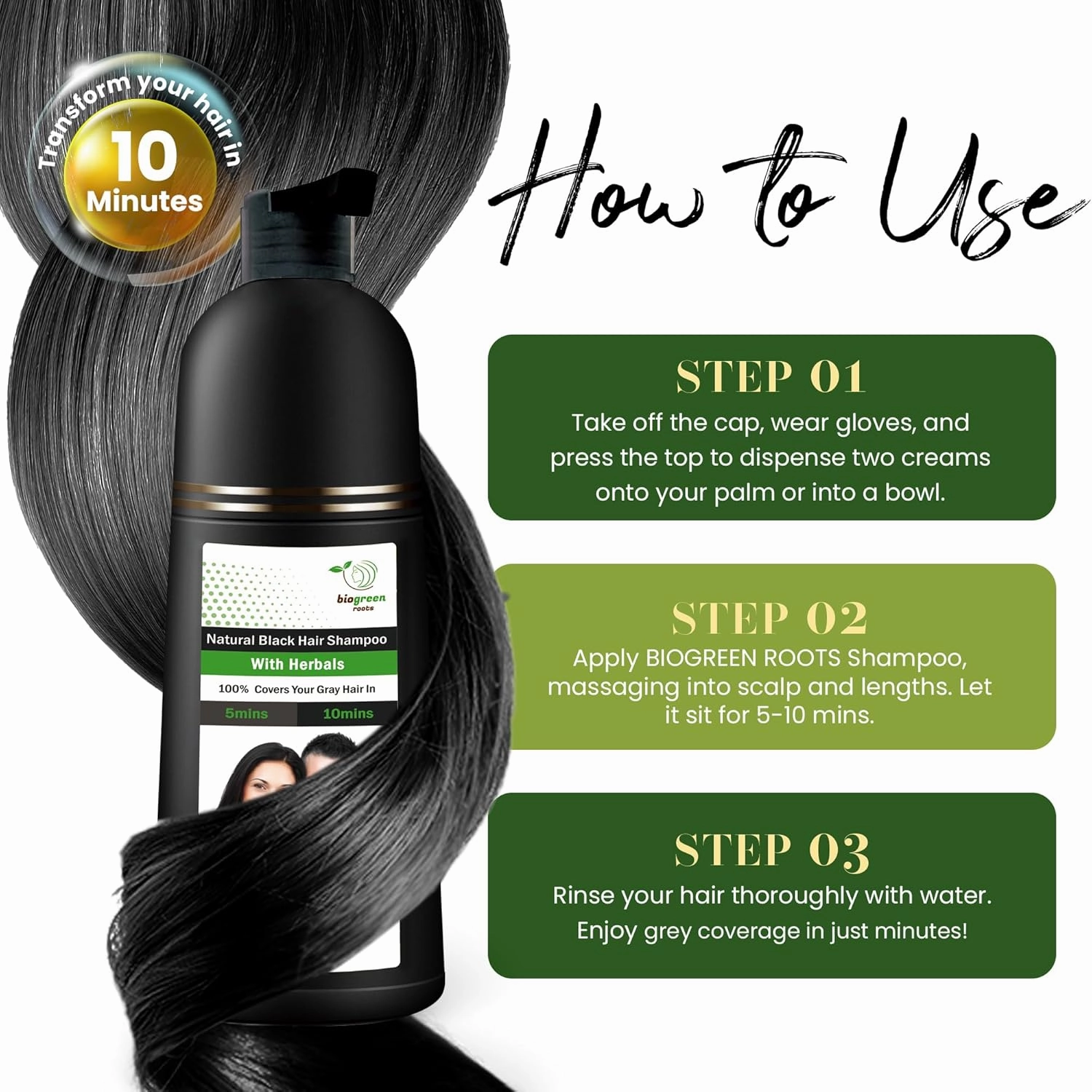 Ammonia-Free & Paraben Free Herbal Hair Shampoo - Hair Dye Shampoo for Women & Men - Natural Color & Nourishment - No Skin Stains - Natural Black (200 ml)