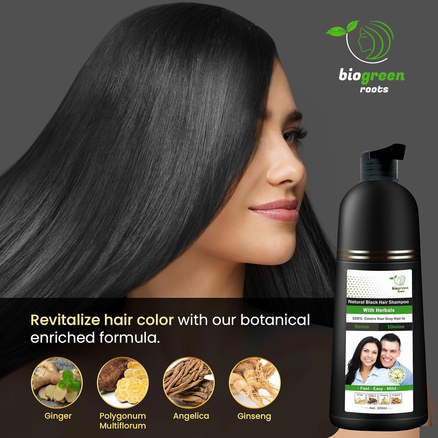 Ammonia-Free & Paraben Free Herbal Hair Shampoo - Hair Dye Shampoo for Women & Men - Natural Color & Nourishment - No Skin Stains - Natural Black (200 ml)