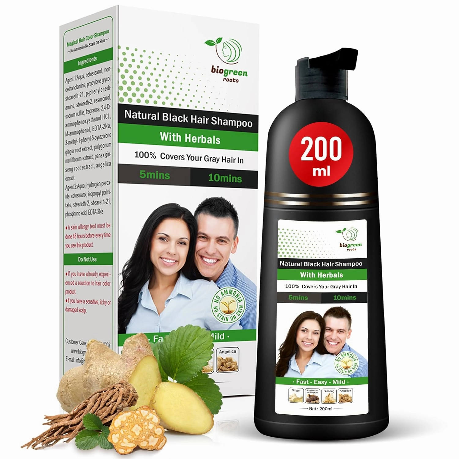 Ammonia-Free & Paraben Free Herbal Hair Shampoo - Hair Dye Shampoo for Women & Men - Natural Color & Nourishment - No Skin Stains - Natural Black (200 ml)
