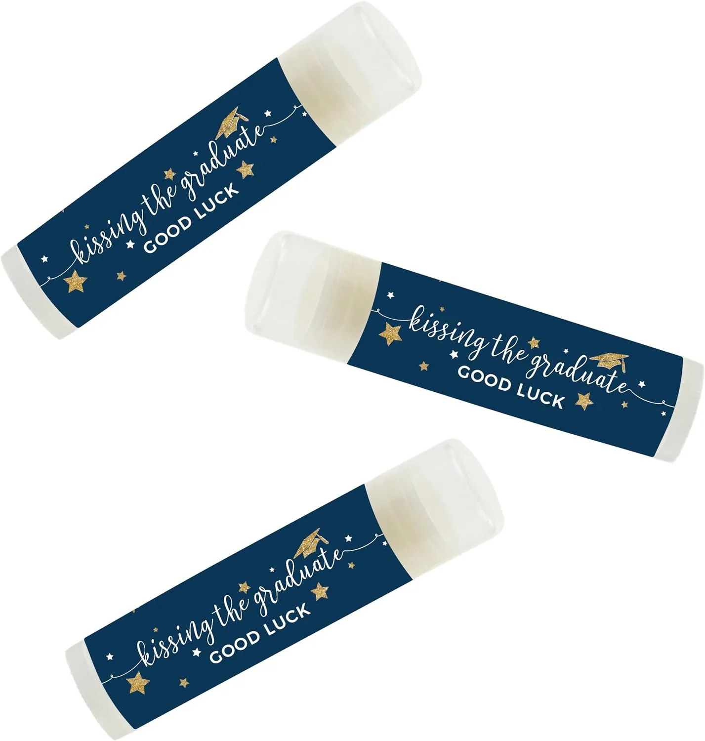 Andaz Press Navy Blue and Gold Glittering Graduation Party Collection, Lip Balm Favors Kissing the Graduate Good Luck!, 12-Pack