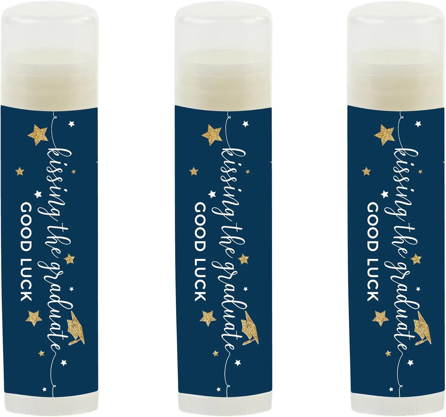 Andaz Press Navy Blue and Gold Glittering Graduation Party Collection, Lip Balm Favors Kissing the Graduate Good Luck!, 12-Pack