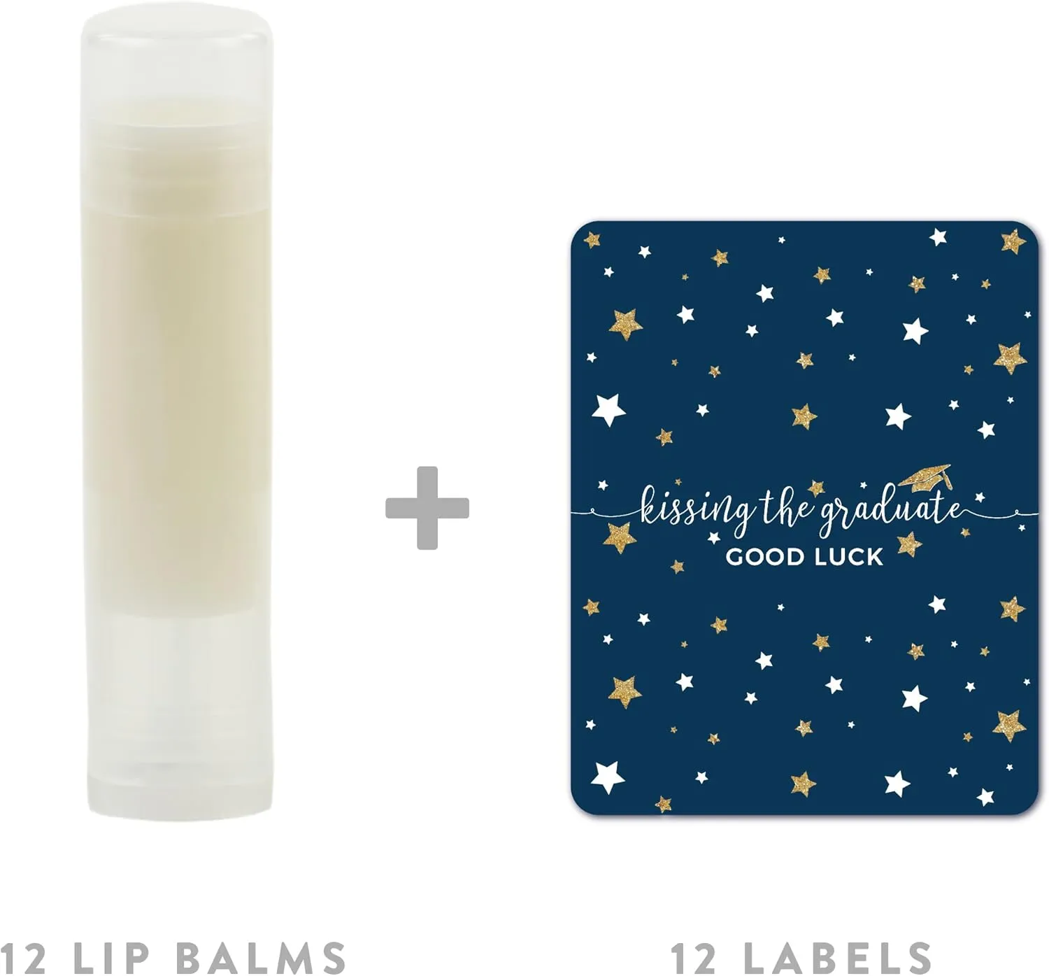 Andaz Press Navy Blue and Gold Glittering Graduation Party Collection, Lip Balm Favors Kissing the Graduate Good Luck!, 12-Pack