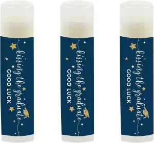 Andaz Press Navy Blue and Gold Glittering Graduation Party Collection, Lip Balm Favors Kissing the Graduate Good Luck!, 12-Pack