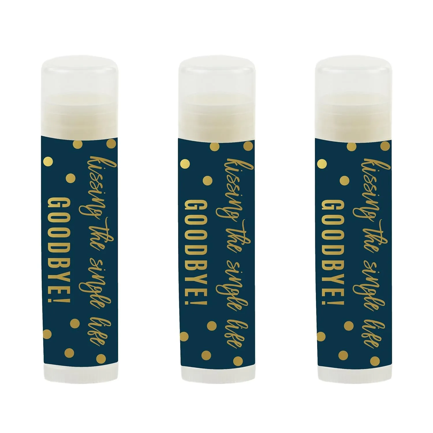 Andaz Press Navy Blue and Metallic Gold Confetti Polka Dots Bachelorette Party Bridal Shower Collection, Lip Balm Favors, Kissing the Single Life Goodbye 12-Pack