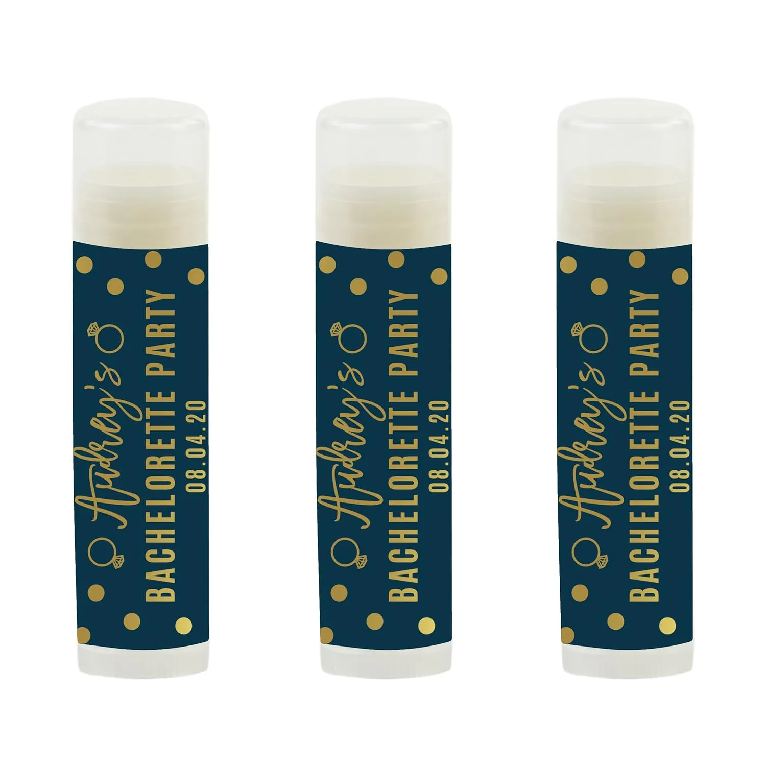 Andaz Press Navy Blue and Metallic Gold Confetti Polka Dots Bachelorette Party Bridal Shower Collection, Personalized Lip Balm Favors, Audrey's Bachelorette Party 12-Pack
