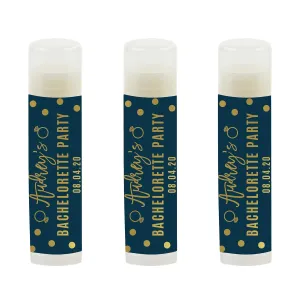 Andaz Press Navy Blue and Metallic Gold Confetti Polka Dots Bachelorette Party Bridal Shower Collection, Personalized Lip Balm Favors, Audrey's Bachelorette Party 12-Pack