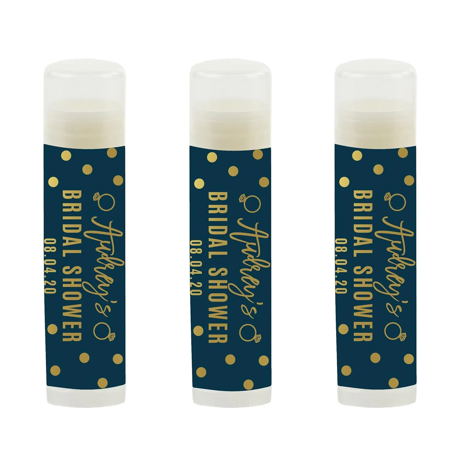 Andaz Press Navy Blue and Metallic Gold Confetti Polka Dots Bachelorette Party Bridal Shower Collection, Personalized Lip Balm Favors, Audrey's Bridal Shower 08.04.20, 12-Pack