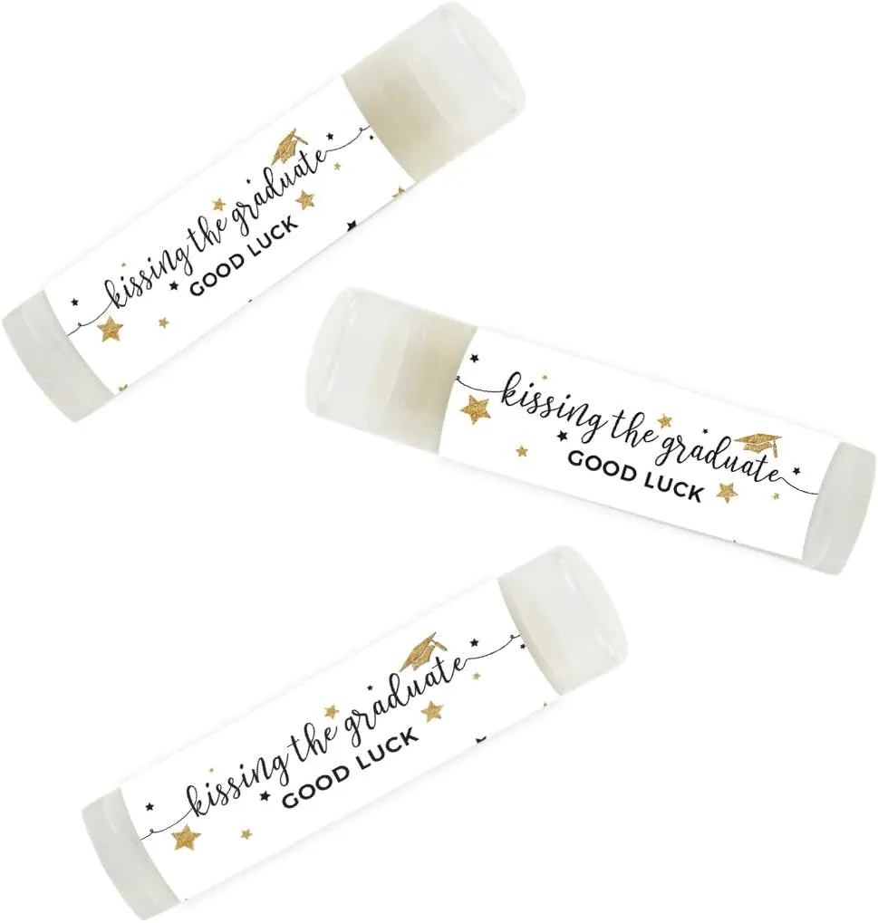 Andaz Press White and Gold Glittering Graduation Party Collection, Lip Balm Favors Kissing the Graduate Good Luck!, 12-Pack