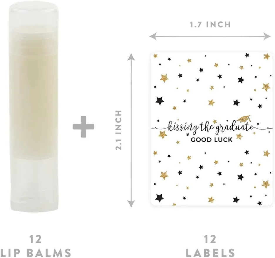 Andaz Press White and Gold Glittering Graduation Party Collection, Lip Balm Favors Kissing the Graduate Good Luck!, 12-Pack