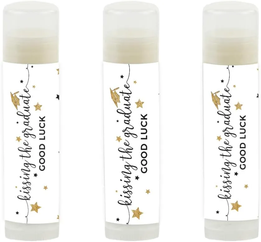 Andaz Press White and Gold Glittering Graduation Party Collection, Lip Balm Favors Kissing the Graduate Good Luck!, 12-Pack