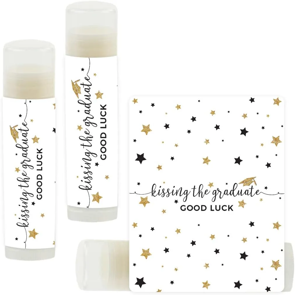 Andaz Press White and Gold Glittering Graduation Party Collection, Lip Balm Favors Kissing the Graduate Good Luck!, 12-Pack