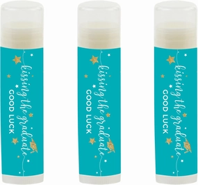 Andaz Press Aqua Turquoise and Gold Glittering Graduation Party Collection, Lip Balm Favors Kissing the Graduate Good Luck!, 12-Pack