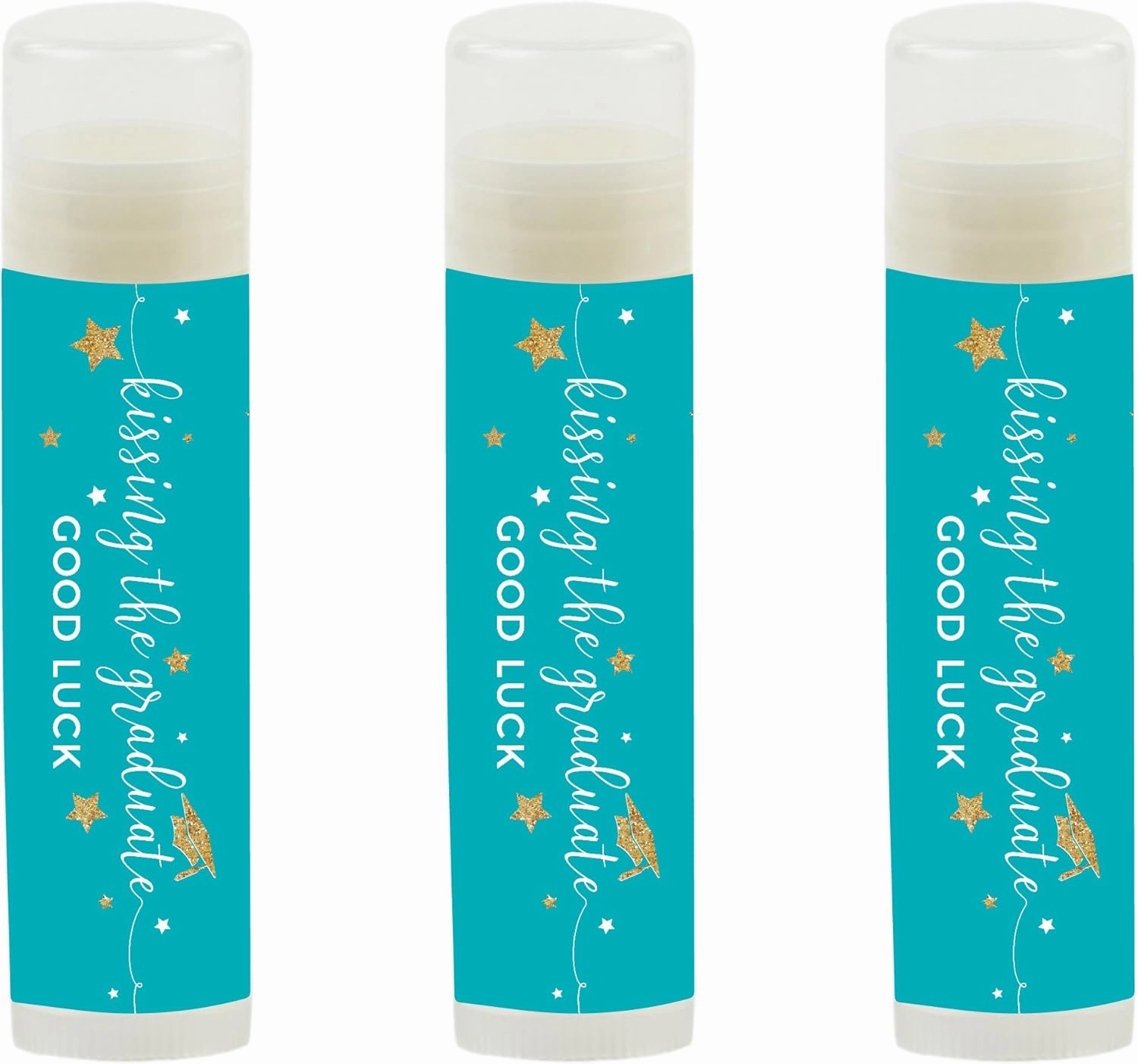 Andaz Press Aqua Turquoise and Gold Glittering Graduation Party Collection, Lip Balm Favors Kissing the Graduate Good Luck!, 12-Pack