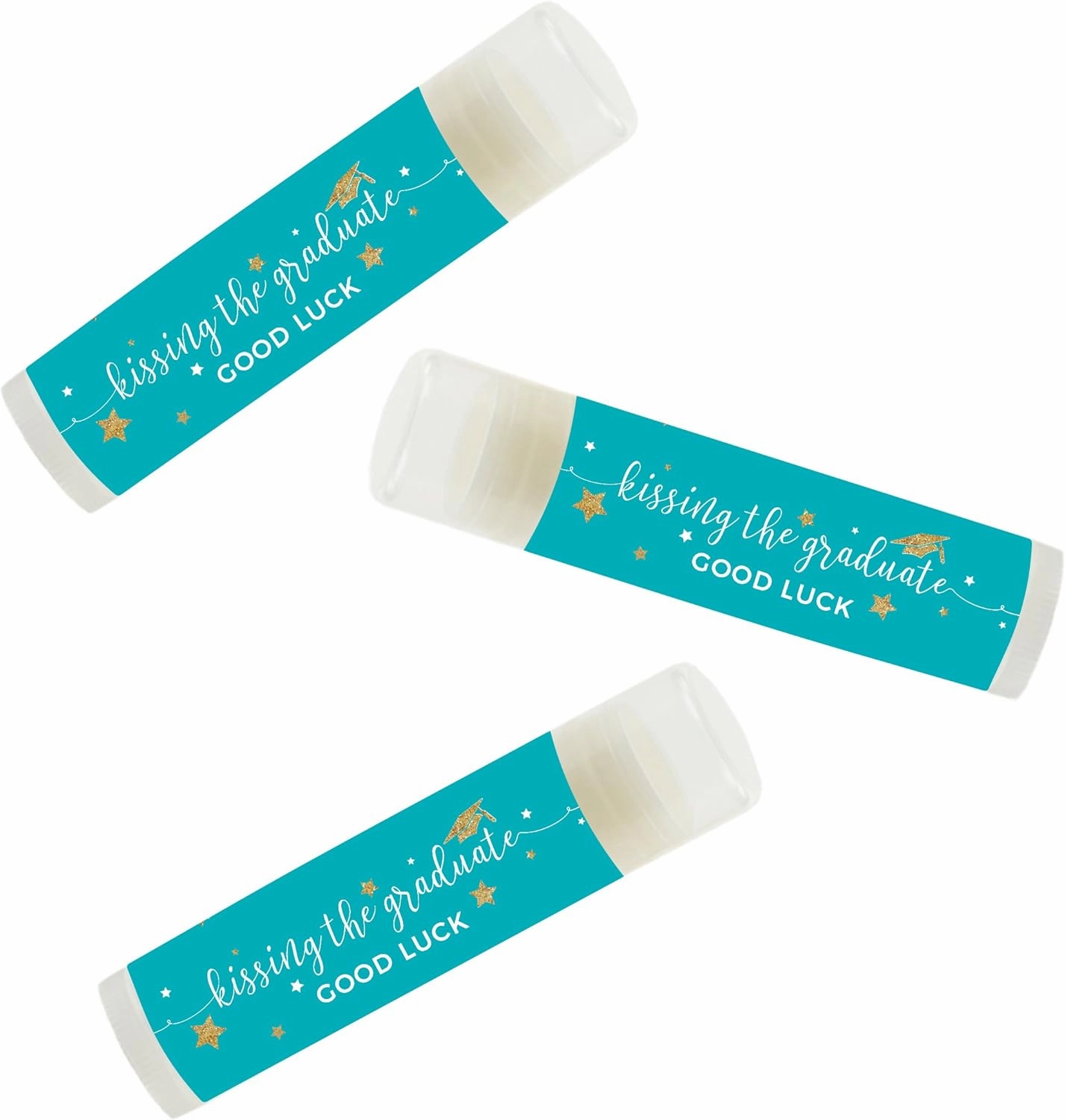 Andaz Press Aqua Turquoise and Gold Glittering Graduation Party Collection, Lip Balm Favors Kissing the Graduate Good Luck!, 12-Pack