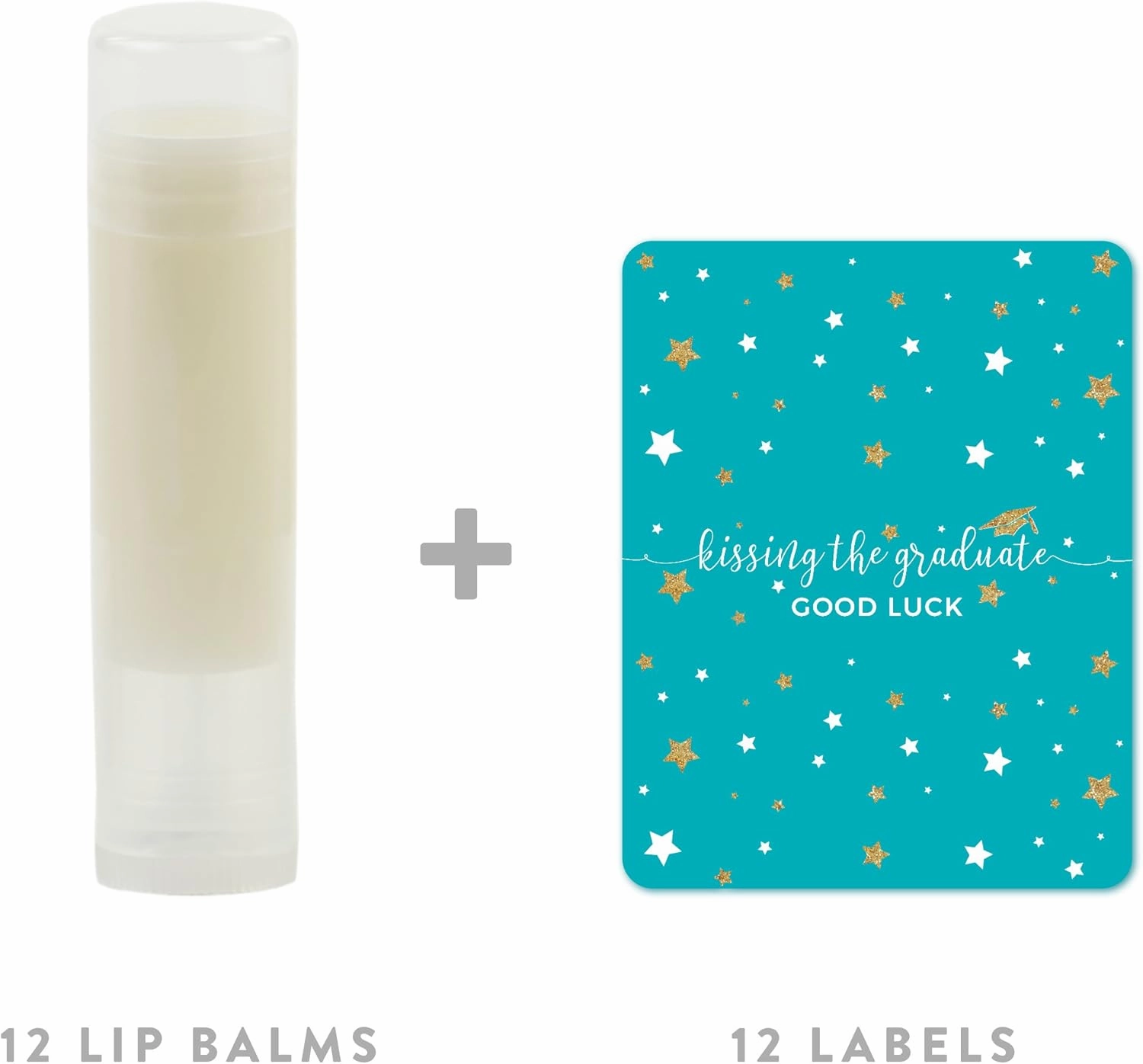Andaz Press Aqua Turquoise and Gold Glittering Graduation Party Collection, Lip Balm Favors Kissing the Graduate Good Luck!, 12-Pack