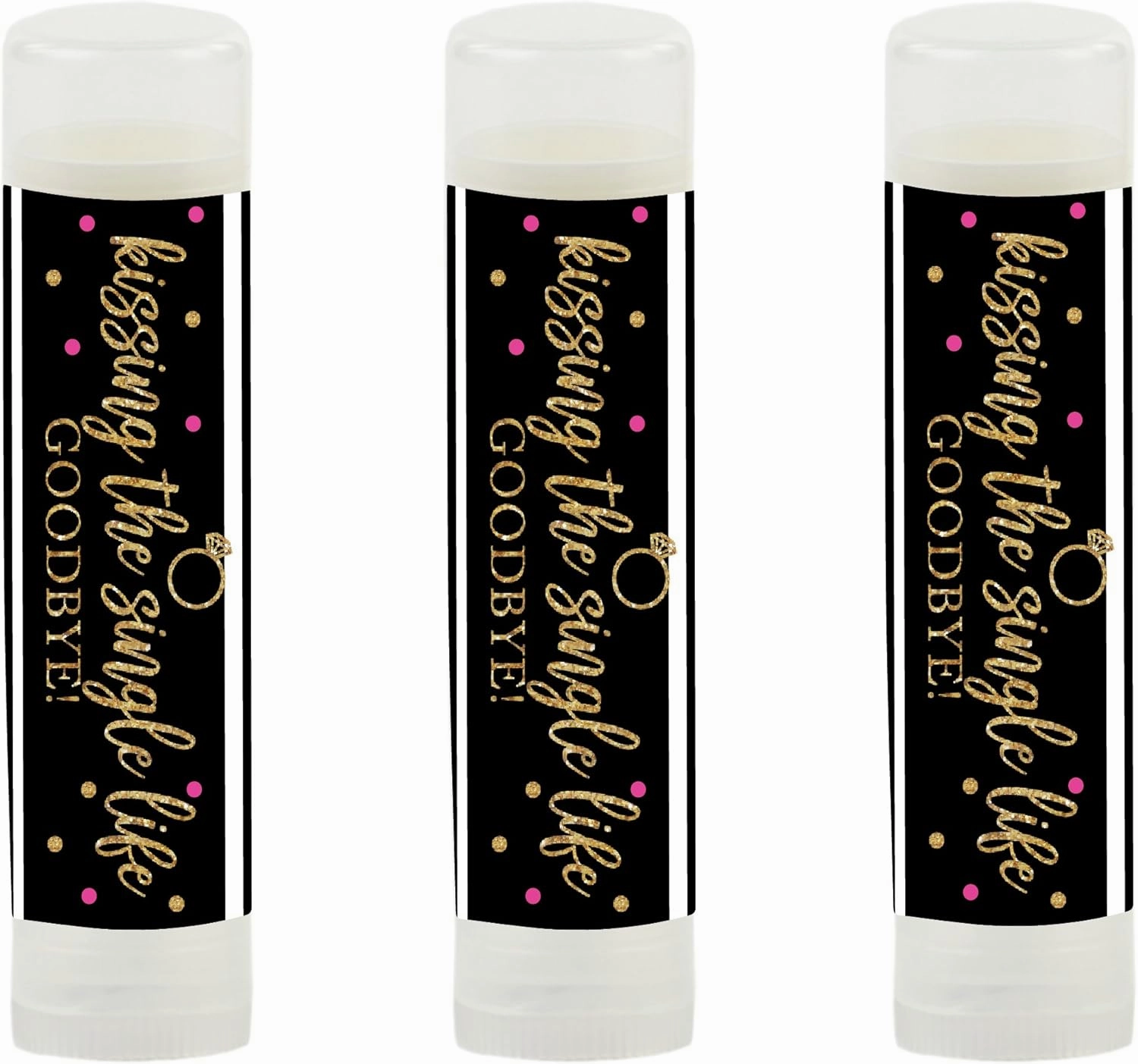 Andaz Press Black, White, Hot Pink, Gold Glittering Bachelorette Party Bridal Shower Collection, Lip Balm Favors, Kissing the Single Life Goodbye 12-Pack