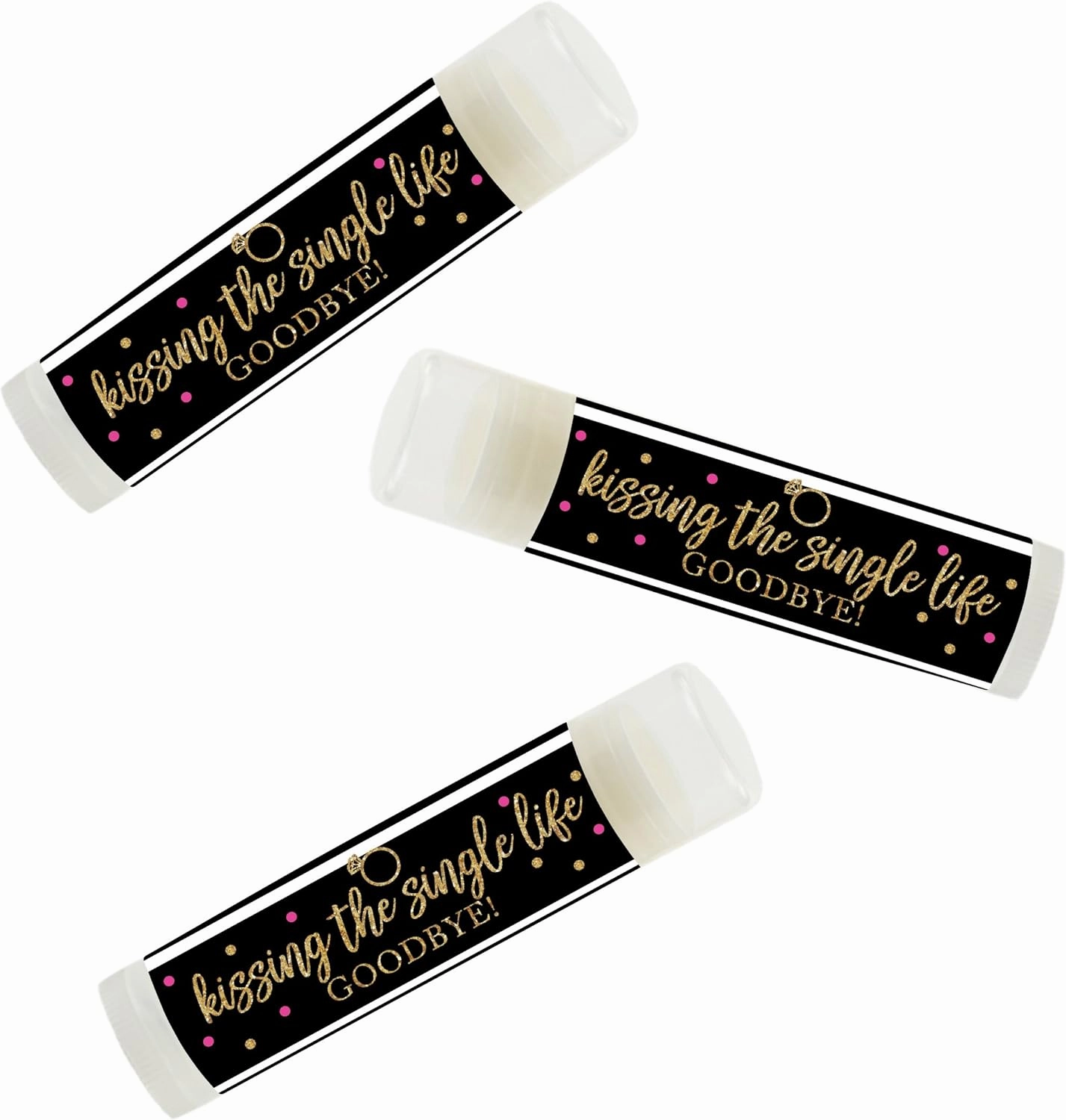 Andaz Press Black, White, Hot Pink, Gold Glittering Bachelorette Party Bridal Shower Collection, Lip Balm Favors, Kissing the Single Life Goodbye 12-Pack