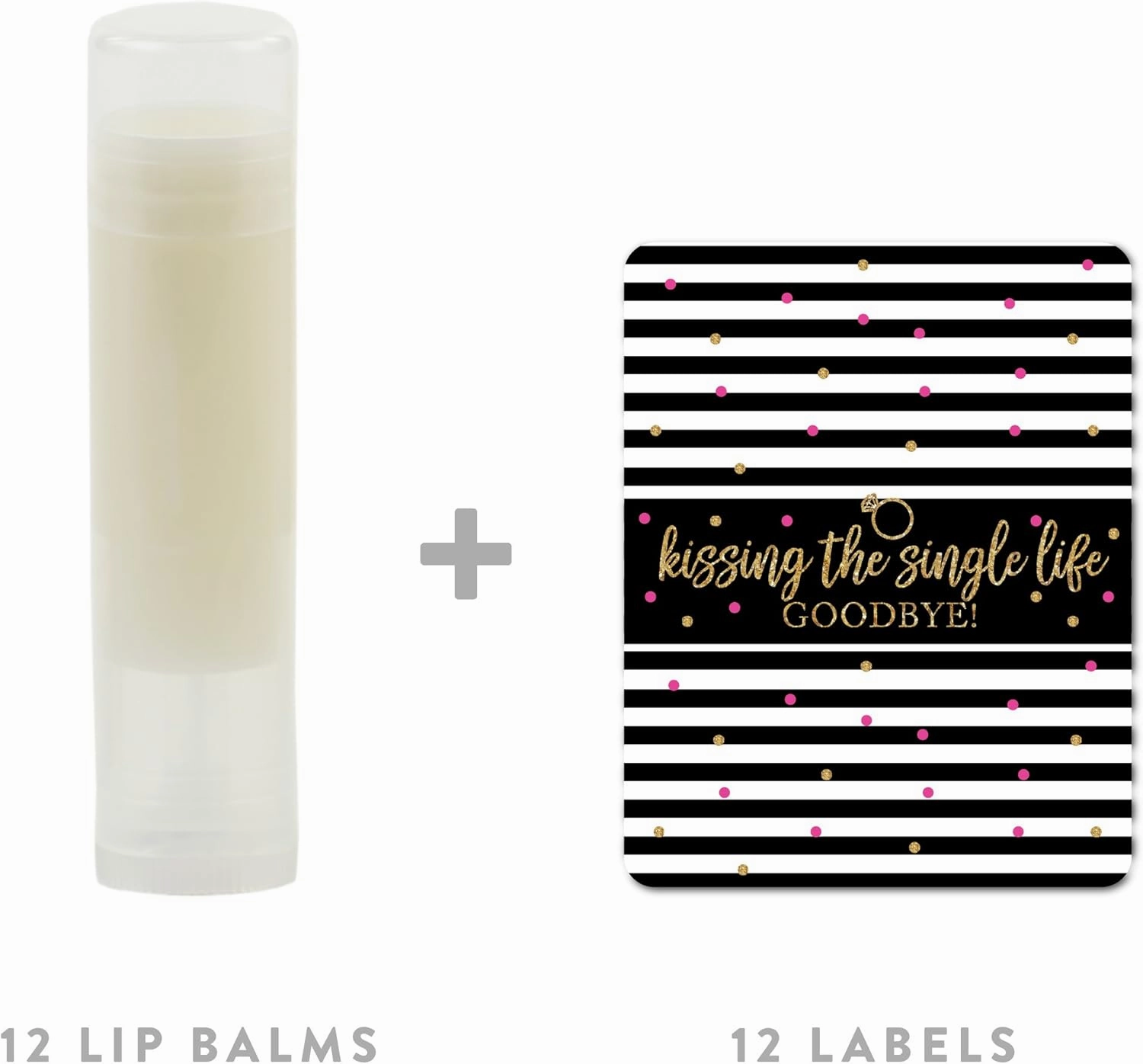 Andaz Press Black, White, Hot Pink, Gold Glittering Bachelorette Party Bridal Shower Collection, Lip Balm Favors, Kissing the Single Life Goodbye 12-Pack