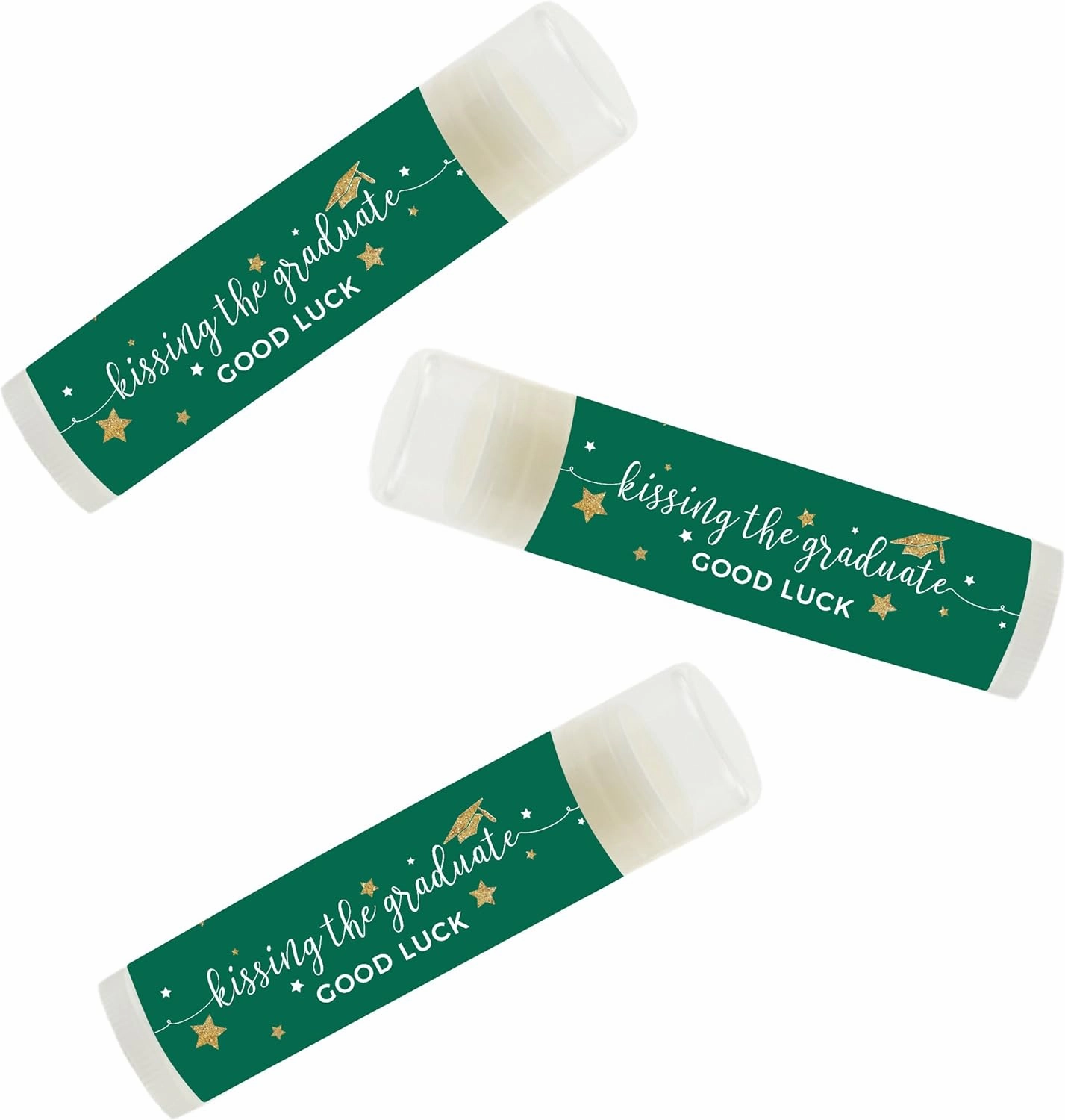 Andaz Press Emerald Forest Green and Gold Glittering Graduation Party Collection, Lip Balm Favors Kissing the Graduate Good Luck!, 12-Pack