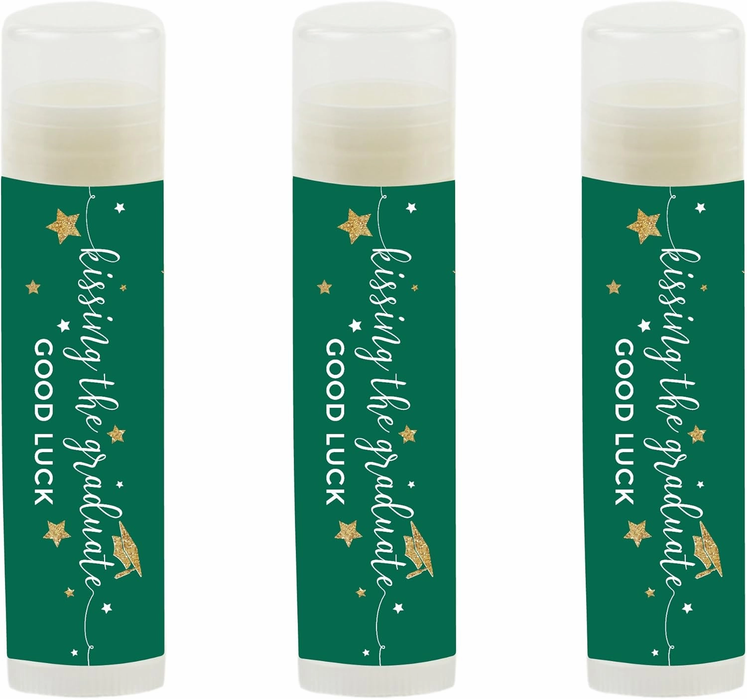 Andaz Press Emerald Forest Green and Gold Glittering Graduation Party Collection, Lip Balm Favors Kissing the Graduate Good Luck!, 12-Pack