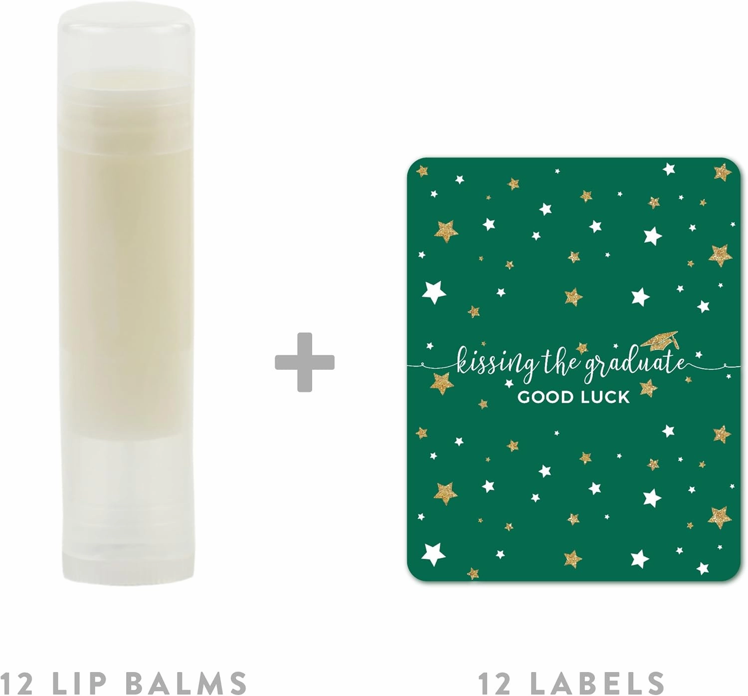 Andaz Press Emerald Forest Green and Gold Glittering Graduation Party Collection, Lip Balm Favors Kissing the Graduate Good Luck!, 12-Pack