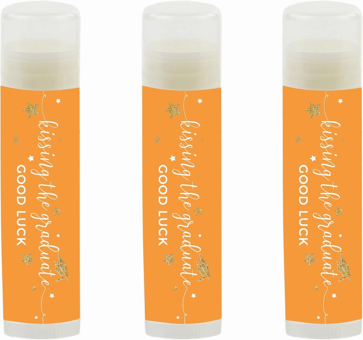 Andaz Press Orange and Gold Glittering Graduation Party Collection, Lip Balm Favors Kissing the Graduate Good Luck!, 12-Pack