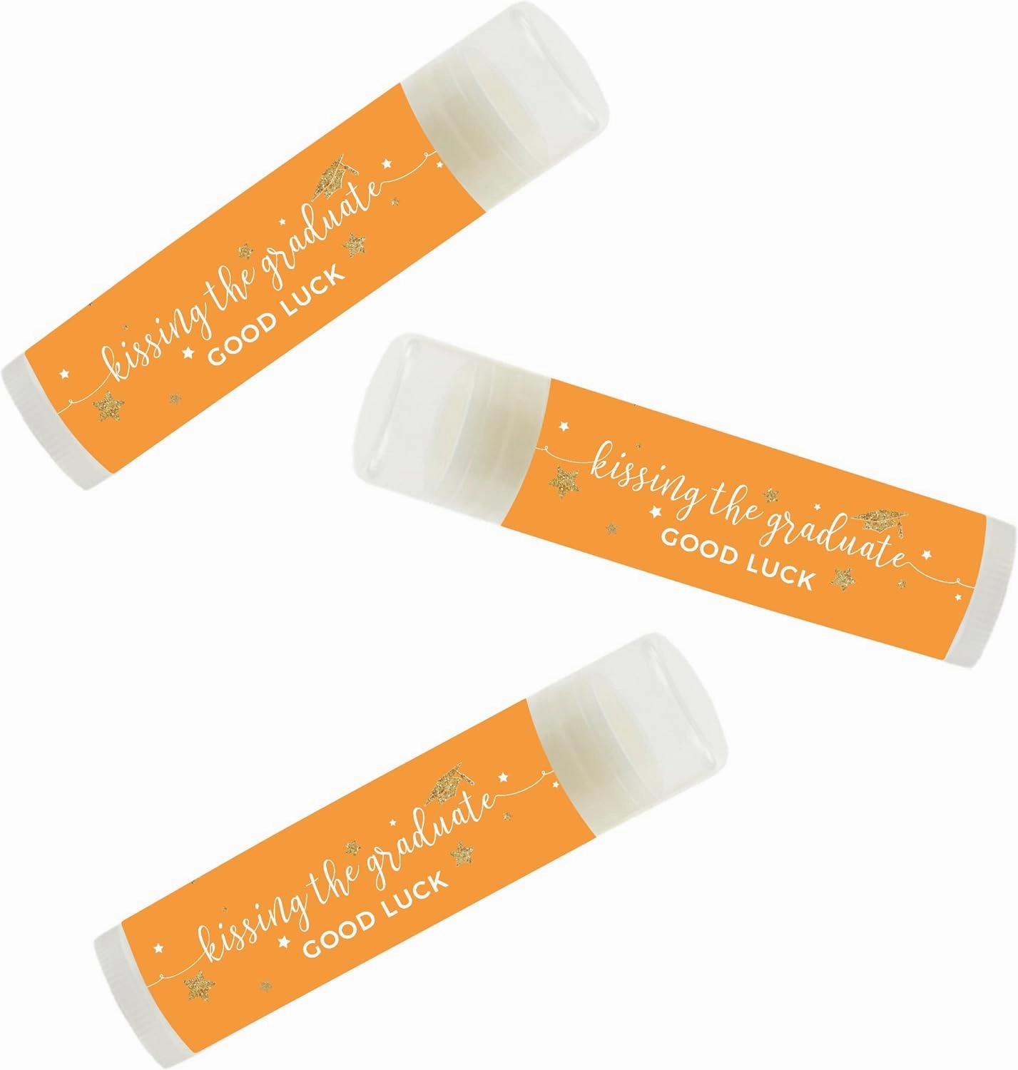 Andaz Press Orange and Gold Glittering Graduation Party Collection, Lip Balm Favors Kissing the Graduate Good Luck!, 12-Pack