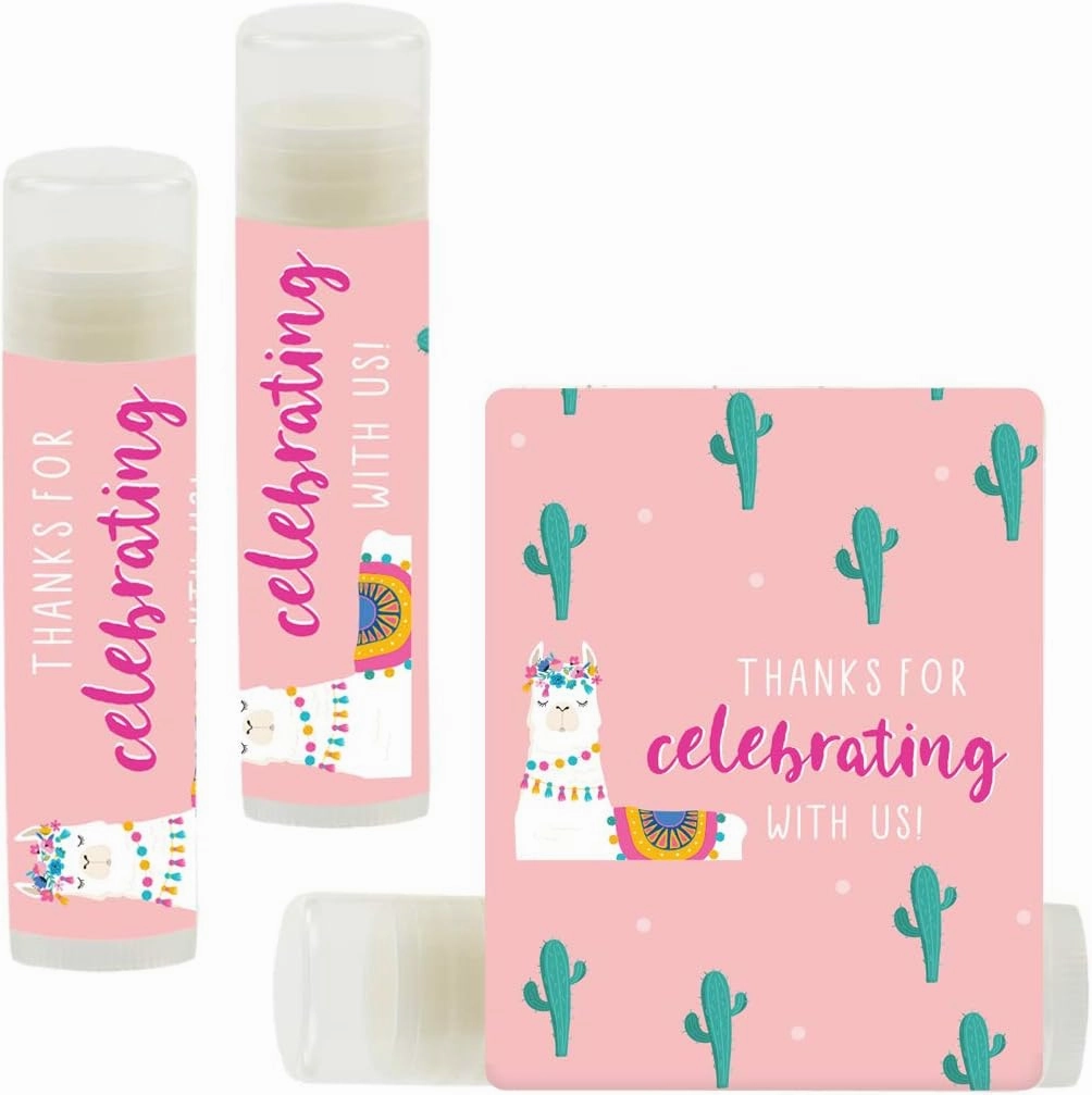 Andaz Press Peach Pink Llama and Cactus Party, Lip Balm Party Favors, Thanks for Celebrating With Us!, 12-Pack, Llama Alpaca Bohemian Themed Decor