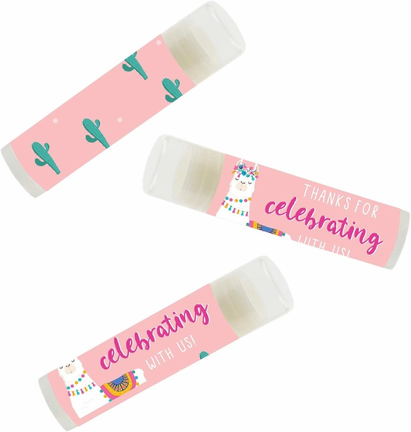 Andaz Press Peach Pink Llama and Cactus Party, Lip Balm Party Favors, Thanks for Celebrating With Us!, 12-Pack, Llama Alpaca Bohemian Themed Decor