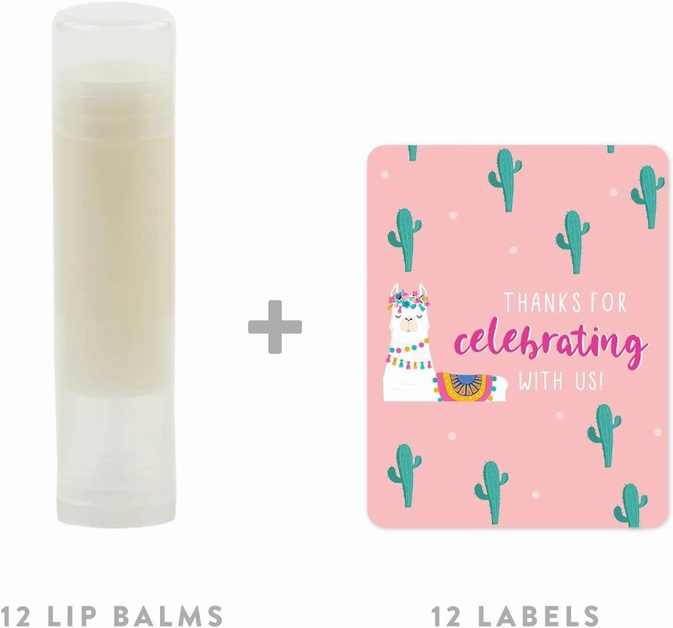 Andaz Press Peach Pink Llama and Cactus Party, Lip Balm Party Favors, Thanks for Celebrating With Us!, 12-Pack, Llama Alpaca Bohemian Themed Decor