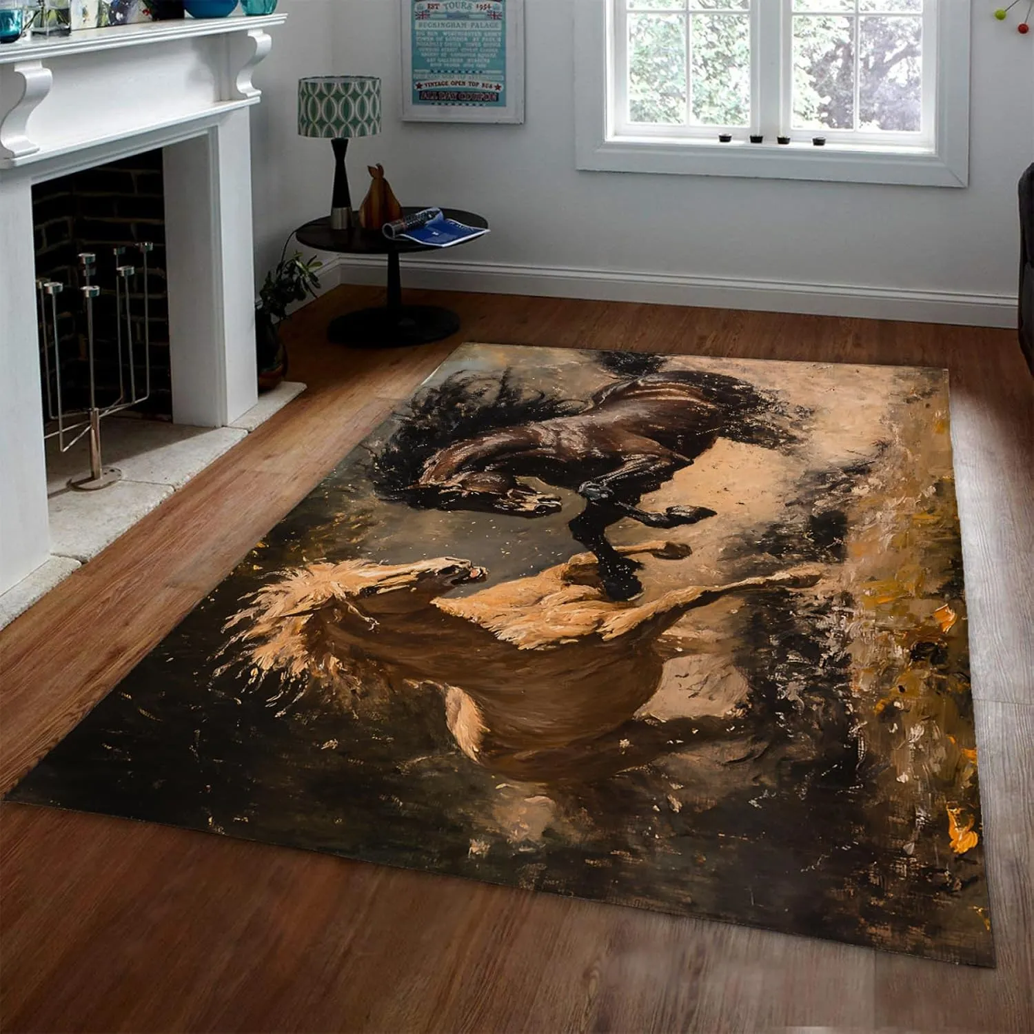 Animal Theme Area Rugs 5'x8' - Picture of Galloping Horses in The Splashing River Water Pattern Non-Slip Low Pile Thin Carpet for Bedroom