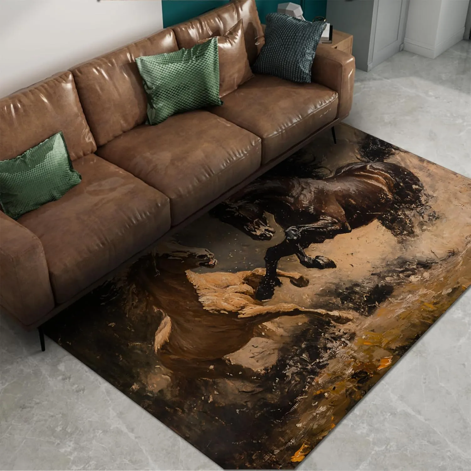 Animal Theme Area Rugs 5'x8' - Picture of Galloping Horses in The Splashing River Water Pattern Non-Slip Low Pile Thin Carpet for Bedroom