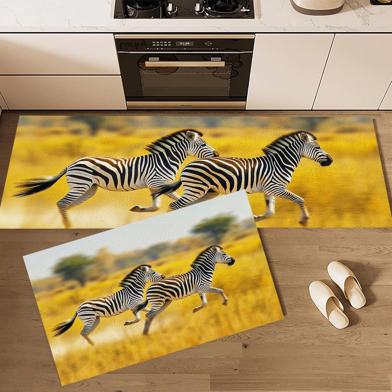 Anti-Fatigue Rug Set 2-Piece Non-Slip Kitchen mats Grassland, Running Zebra, for mats Kitchen Rugs Standing mats Suitable for, Sinks,Hallway entrances Also, 40 * 60 40 * 120CM