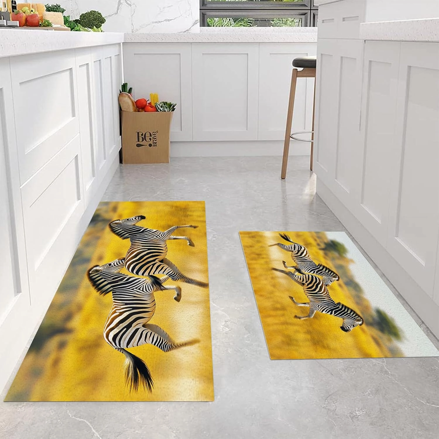 Anti-Fatigue Rug Set 2-Piece Non-Slip Kitchen mats Grassland, Running Zebra, for mats Kitchen Rugs Standing mats Suitable for, Sinks,Hallway entrances Also, 40 * 60 40 * 120CM