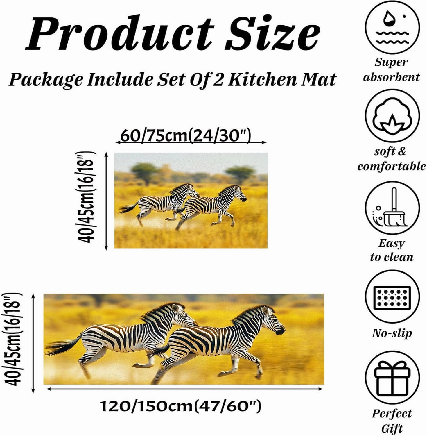 Anti-Fatigue Rug Set 2-Piece Non-Slip Kitchen mats Grassland, Running Zebra, for mats Kitchen Rugs Standing mats Suitable for, Sinks,Hallway entrances Also, 40 * 60 40 * 120CM
