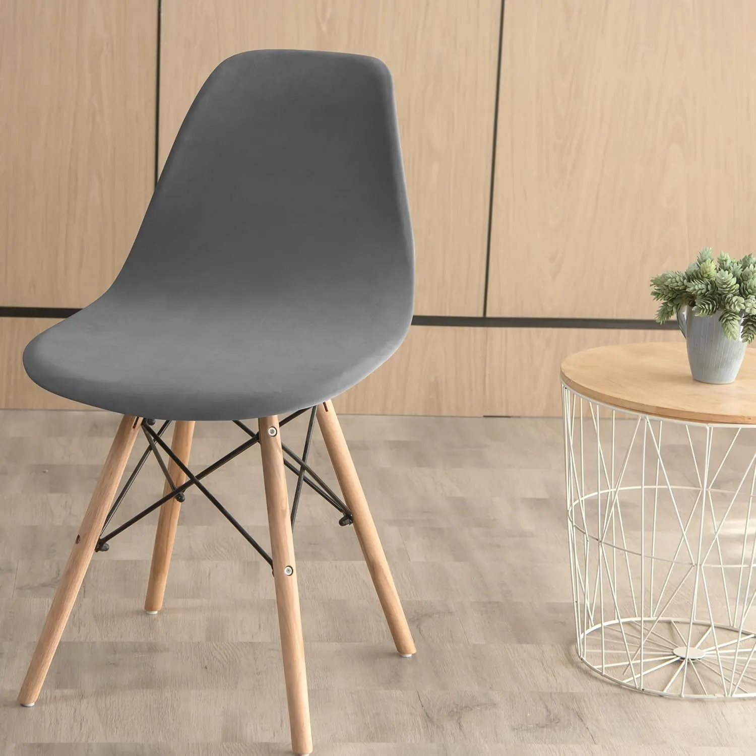 ANWUCHEN 4 Pack Stretch Velvet Shell Chair Cover Mid Modern Dining Chair Covers Washable Dining Room Chair Covers Lounge Armless Chair Cover with Elastic Bands Dark Gray