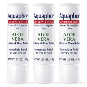 Aquaphor Naturally Inspired Lip Repair Stick with Aloe Vera and Natural Shea Butter, Hydrating Lip Balm Stick Immediately Relieves Dryness and Soothes Chapped Lips, 0.17 Oz Stick, Pack of 3