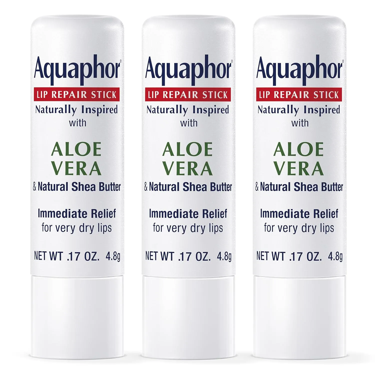 Aquaphor Naturally Inspired Lip Repair Stick with Aloe Vera and Natural Shea Butter, Hydrating Lip Balm Stick Immediately Relieves Dryness and Soothes Chapped Lips, 0.17 Oz Stick, Pack of 3