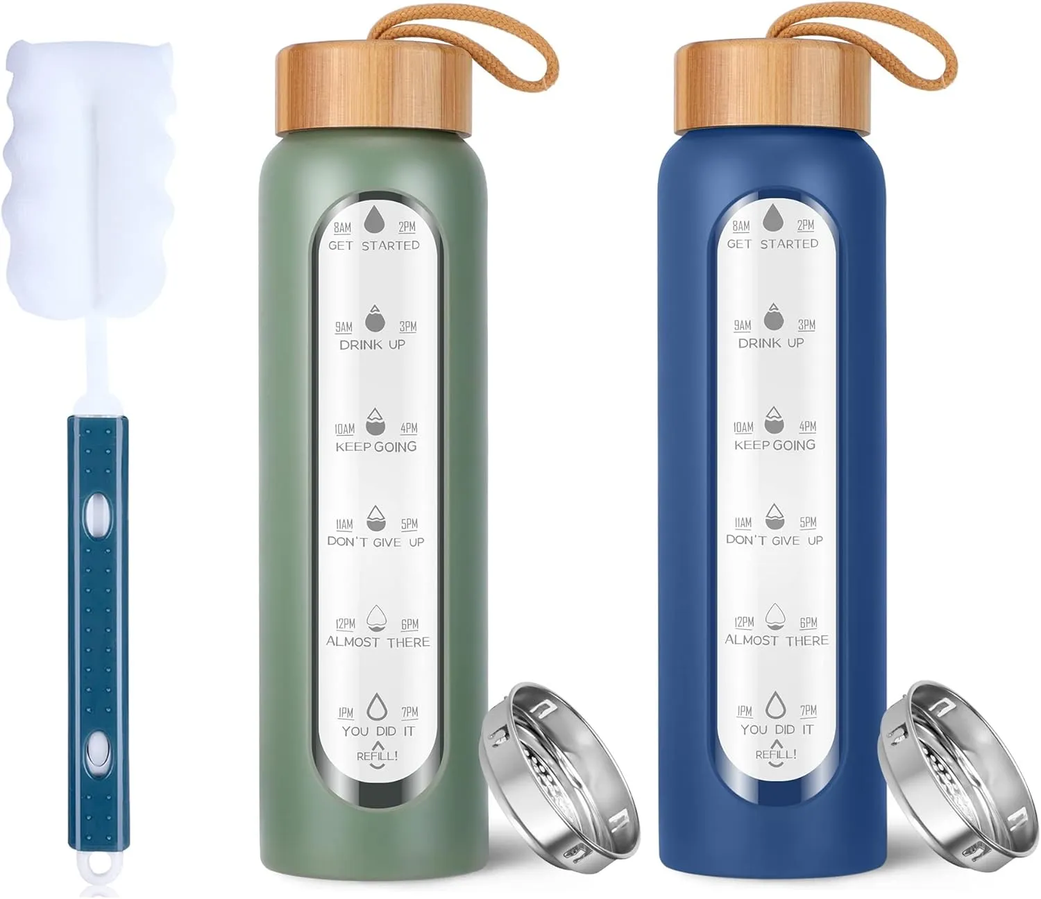 Aqulea 32 Oz Glass Water Bottle Bundle with Times to Drink - BPA Free Reusable Wide Mouth Glass Motivational Water Bottles with Infuser & Silicone Sleeve – Borosilicate Water Bottle with Time Marker