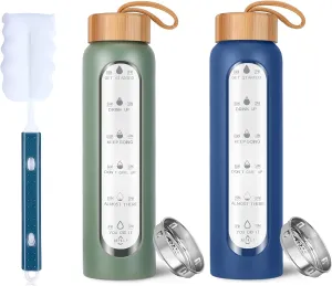 Aqulea 32 Oz Glass Water Bottle Bundle with Times to Drink - BPA Free Reusable Wide Mouth Glass Motivational Water Bottles with Infuser & Silicone Sleeve – Borosilicate Water Bottle with Time Marker