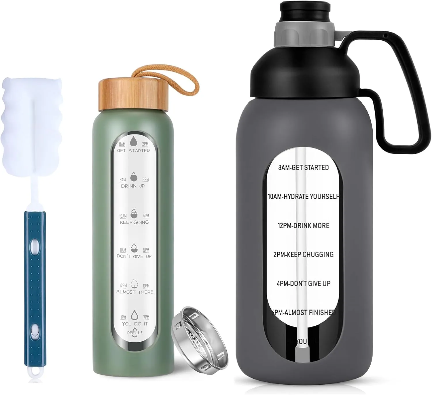 Aqulea 32oz & 64oz Glass Water Bottles Bundle - BPA Free, Borosilicate, Reusable, Wide Mouth, Time Marker, Motivational, Travel, Juices, Smoothies