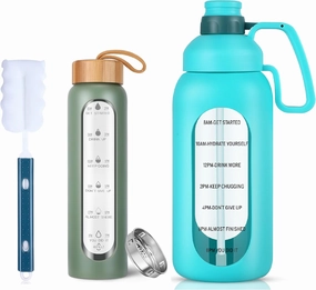 Aqulea Bundle of 32 Oz & 64 oz Glass Water Bottles - BPA Free Reusable Wide Mouth Glass Motivational Water Bottles – Borosilicate Water Bottle with Time Marker