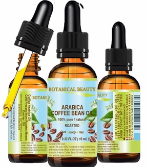 ARABICA COFFEE OIL Brazilian 100% Pure Roasted 0.33 Fl.oz- 10 ml. for Face, Skin, Hair, Lip, Nails Wrinkle Reducer Anti-Aging Face Oil by Botanical Beauty