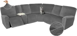 Arfntevss Sectional Recliner Couch Covers Velvet Washable Corner Sectional Sofa Cover for Reclining Couch Stretch Soft Thick L Shape Recliner Slipcover Set (5 Seat with 1 Console Cover, Light Gray)