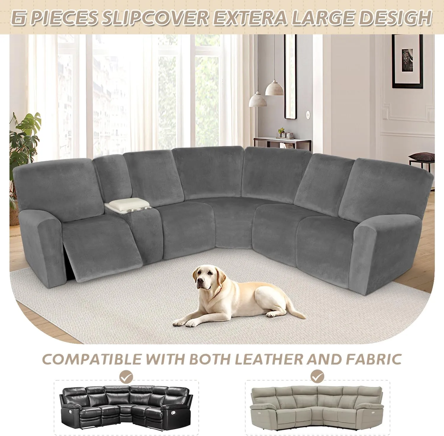 Arfntevss Sectional Recliner Couch Covers Velvet Washable Corner Sectional Sofa Cover for Reclining Couch Stretch Soft Thick L Shape Recliner Slipcover Set (5 Seat with 1 Console Cover, Light Gray)