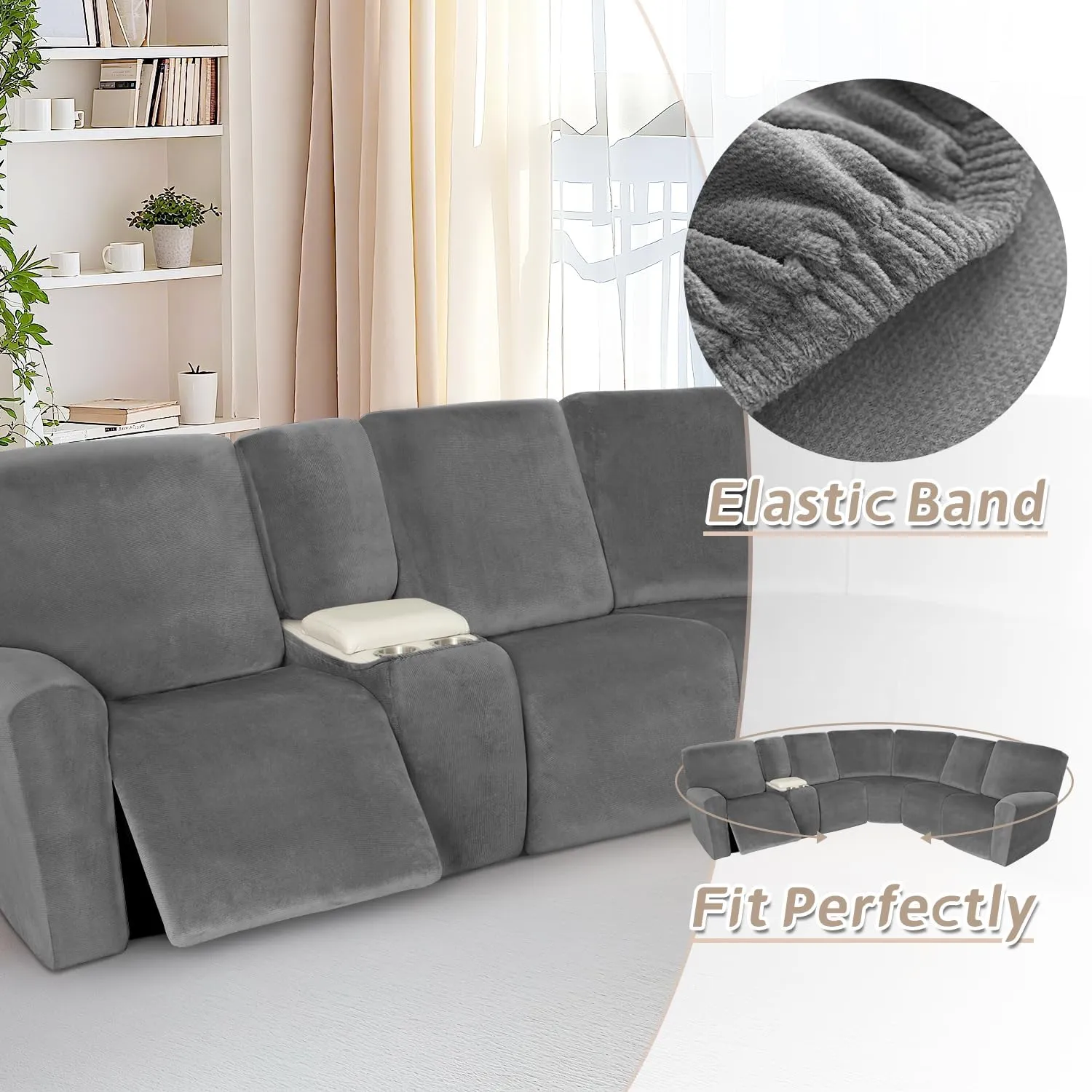 Arfntevss Sectional Recliner Couch Covers Velvet Washable Corner Sectional Sofa Cover for Reclining Couch Stretch Soft Thick L Shape Recliner Slipcover Set (5 Seat with 1 Console Cover, Light Gray)